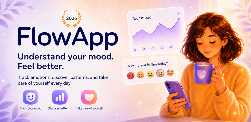 FlowApp mood tracking app with a warm illustration and mood chart